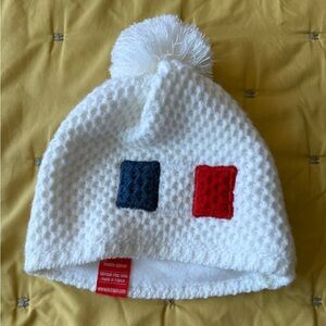 France LeDrapo PonPon White Knit Beanie with Pom Pom and Fleece
